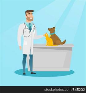 Young caucasian veterinarian doctor examining pets in hospital. Happy veterinarian doctor with pets at vet clinic. Concept of medicine and pet care. Vector flat design illustration. Square layout.. Veterinarian examining dogs vector illustration.