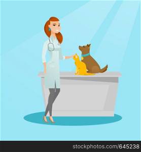 Young caucasian veterinarian doctor examining pets in hospital. Happy veterinarian doctor with pets at vet clinic. Concept of medicine and pet care. Vector flat design illustration. Square layout.. Veterinarian examining dogs vector illustration.