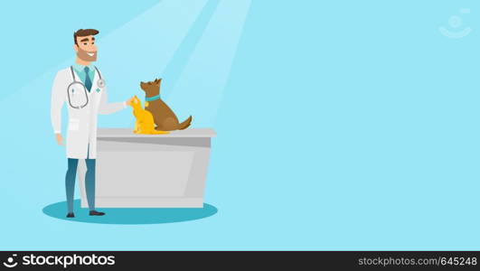Young caucasian veterinarian doctor examining pets in hospital. Happy veterinarian doctor with pets at vet clinic. Concept of medicine and pet care. Vector flat design illustration. Horizontal layout.. Veterinarian examining dogs vector illustration.