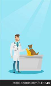 Young caucasian veterinarian doctor examining pets in hospital. Happy veterinarian doctor with pets at vet clinic. Concept of medicine and pet care. Vector flat design illustration. Vertical layout.. Veterinarian examining dogs vector illustration.