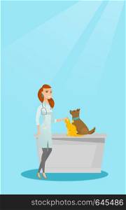 Young caucasian veterinarian doctor examining pets in hospital. Happy veterinarian doctor with pets at vet clinic. Concept of medicine and pet care. Vector flat design illustration. Vertical layout.. Veterinarian examining dogs vector illustration.