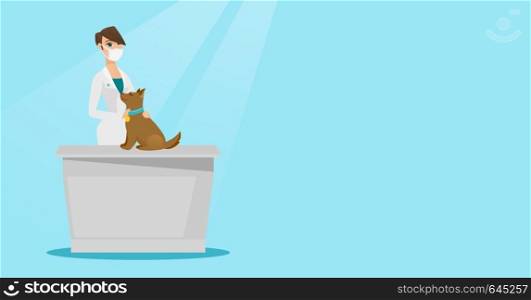 Young caucasian veterinarian doctor in mask examining dog in hospital. Veterinarian doctor with dog at vet clinic. Concept of medicine and pet care. Vector flat design illustration. Horizontal layout.. Veterinarian examining dog vector illustration.