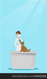 Young caucasian veterinarian doctor in mask examining dog in hospital. Veterinarian doctor with a dog at vet clinic. Concept of medicine and pet care. Vector flat design illustration. Vertical layout.. Veterinarian examining dog vector illustration.
