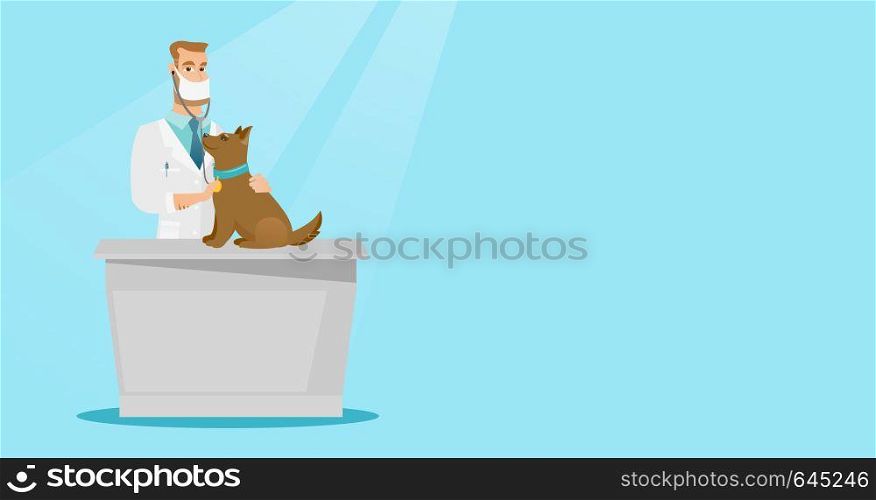 Young caucasian veterinarian examining dog in hospital. Veterinarian checking heartbeat of a dog with a stethoscope. Medicine and pet care concept. Vector flat design illustration. Horizontal layout.. Veterinarian examining dog vector illustration.