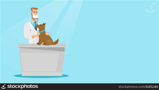 Young caucasian veterinarian examining dog in hospital. Veterinarian checking heartbeat of a dog with a stethoscope. Medicine and pet care concept. Vector flat design illustration. Horizontal layout.. Veterinarian examining dog vector illustration.