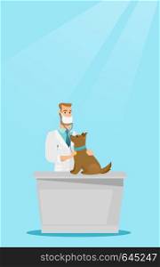 Young caucasian veterinarian examining dog in hospital. Veterinarian checking heartbeat of a dog with a stethoscope. Medicine and pet care concept. Vector flat design illustration. Vertical layout.. Veterinarian examining dog vector illustration.