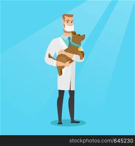 Young caucasian veterinarian holding a dog. Veterinarian doctor in medical mask carrying a dod. Veterinarian doctor examining a dog. Pet care concept. Vector flat design illustration. Square layout.. Veterinarian with dog in hands vector illustration