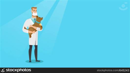 Young caucasian veterinarian holding a dog. Veterinarian doctor in medical mask carrying a dod. Veterinarian doctor examining dog. Pet care concept. Vector flat design illustration. Horizontal layout.. Veterinarian with dog in hands vector illustration