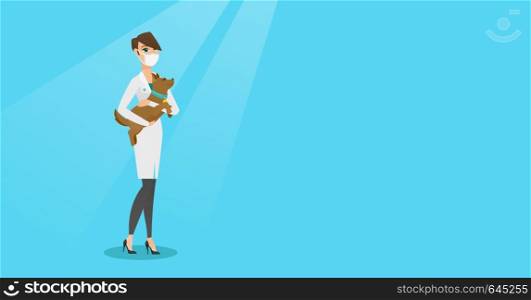 Young caucasian veterinarian holding a dog. Veterinarian doctor in medical mask carrying a dod. Veterinarian doctor examining dog. Pet care concept. Vector flat design illustration. Horizontal layout.. Veterinarian with dog in hands vector illustration