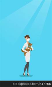 Young caucasian veterinarian holding a dog. Veterinarian doctor in medical mask carrying a dod. Veterinarian doctor examining a dog. Pet care concept. Vector flat design illustration. Vertical layout.. Veterinarian with dog in hands vector illustration