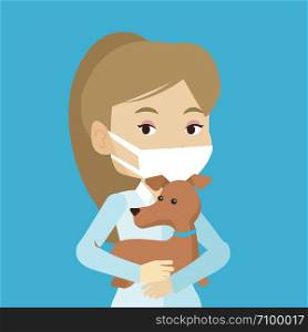 Young caucasian veterinarian holding dog. Female veterinarian in medical mask carrying a dog. Female veterinarian examining dog. Pet care concept. Vector flat design illustration. Square layout.. Veterinarian with dog in hands vector illustration