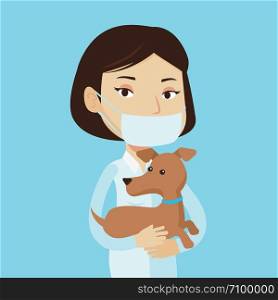 Young caucasian veterinarian holding dog. Female veterinarian in medical mask carrying a puppy. Veterinarian examining dog. Vector flat design illustration isolated on blue background. Square layout.. Veterinarian with dog in hands vector illustration