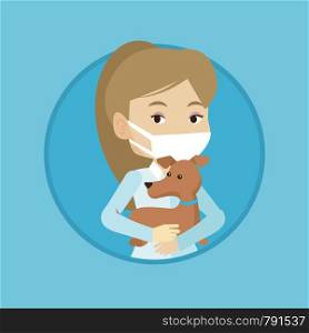 Young caucasian veterinarian holding dog. Veterinarian in medical mask carrying dog. Veterinarian examining dog. Pet care concept. Vector flat design illustration in the circle isolated on background.. Veterinarian with dog in hands vector illustration
