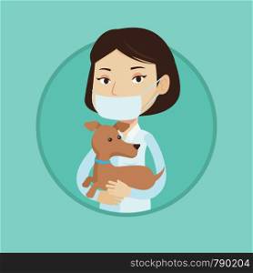 Young caucasian veterinarian holding small dog. Female veterinarian in medical mask carrying a dog. Veterinarian examining dog. Vector flat design illustration in the circle isolated on background.. Veterinarian with dog in hands vector illustration