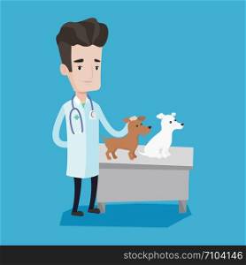 Young caucasian veterinarian with stethoscope examining dogs in hospital. Male veterinarian with dogs at vet clinic. Concept of medicine and pet care. Vector flat design illustration. Square layout.. Veterinarian examining dogs vector illustration.