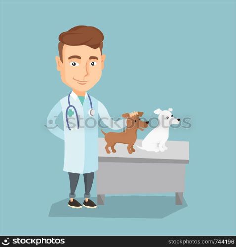 Young caucasian veterinarian with stethoscope examining dogs in hospital. Veterinarian doctor with dogs at vet clinic. Concept of medicine and pet care. Vector flat design illustration. Square layout.. Veterinarian examining dogs vector illustration.