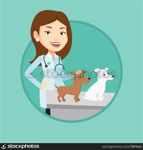 Young caucasian veterinarian with stethoscope examining dogs in hospital. Veterinarian with dogs at vet clinic. Pet care concept. Vector flat design illustration in the circle isolated on background.. Veterinarian examining dogs vector illustration.