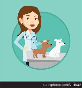 Young caucasian veterinarian with stethoscope examining dogs in hospital. Veterinarian with dogs at vet clinic. Pet care concept. Vector flat design illustration in the circle isolated on background.. Veterinarian examining dogs vector illustration.