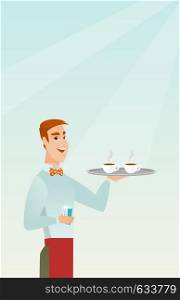 Young caucasian waiter holding a tray with two cups of tea or coffee and a glass of water. Friendly waiter standing with a tray with cups of coffee. Vector flat design illustration. Vertical layout.. Waiter holding tray with cups of coffeee or tea.