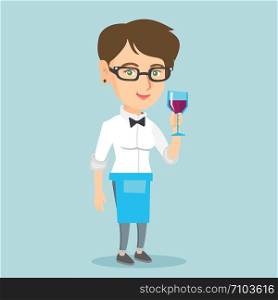 Young caucasian waitress holding a glass of red wine in hand. Full length of a waitress with a glass of red wine. Smiling waitress examining wine in a glass. Vector cartoon illustration. Square layout. Caucasian waitress holding a glass of wine.