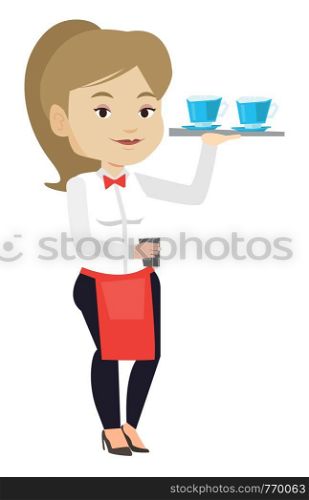 Young caucasian waitress holding a tray with cups of tea or coffee. Friendly waitress standing with tray with cups of hot flavoured coffee. Vector flat design illustration isolated on white background. Waitress holding tray with cups of coffeee or tea.