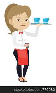 Young caucasian waitress holding a tray with cups of tea or coffee. Friendly waitress standing with tray with cups of hot flavoured coffee. Vector flat design illustration isolated on white background. Waitress holding tray with cups of coffeee or tea.