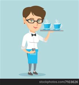 Young caucasian waitress holding a tray with two cups of tea or coffee. Full length of smiling waitress standing with a tray with cups of hot beverages. Vector cartoon illustration. Square layout.. Waitress holding tray with cups of coffeee or tea.