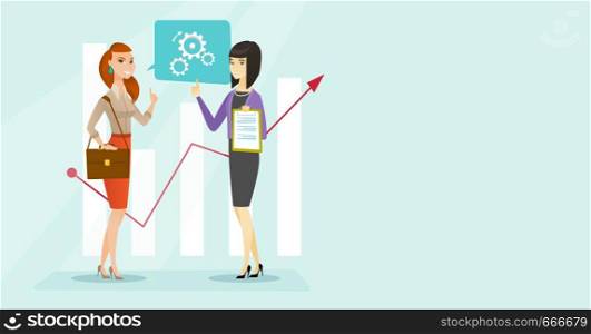 Young caucasian white and asian business women talking on the background of financial growth graph. Financiers discussing situation on financial market. Vector cartoon illustration. Horizontal layout.. Young business women analyzing financial data.