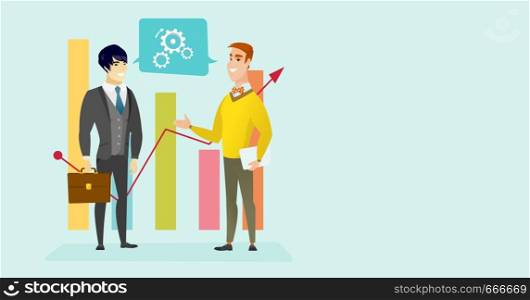 Young caucasian white and asian businessmen discussing market analysis on the background of graph. Two marketers analyzing statistical data and situation on market. Vector cartoon illustration.. Caucasian businessmen discussing market analysis.