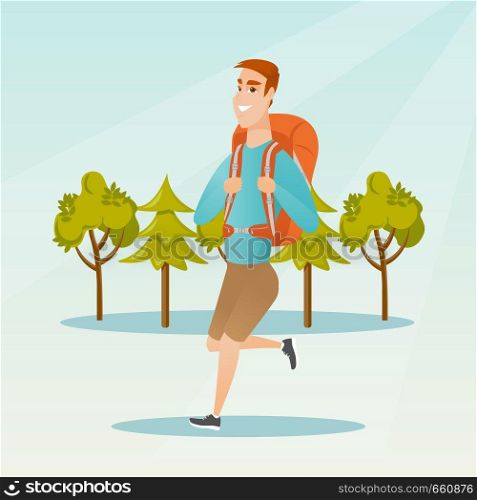 Young caucasian white backpacker with a backpack walking outdoor. Cheerful backpacker hiking in the forest during summer trip. Vector cartoon illustration. Square layout.. Young caucasian white man with a backpack hiking.