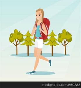 Young caucasian white backpacker with a backpack walking outdoor. Cheerful backpacker hiking in the forest during summer trip. Vector cartoon illustration. Square layout.. Young caucasian white woman with a backpack hiking