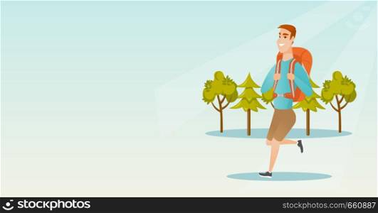 Young caucasian white backpacker with a backpack walking outdoor. Cheerful backpacker hiking in the forest during summer trip. Vector cartoon illustration. Horizontal layout.. Young caucasian white man with a backpack hiking.