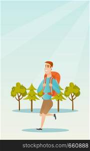 Young caucasian white backpacker with a backpack walking outdoor. Cheerful backpacker hiking in the forest during summer trip. Vector cartoon illustration. Vertical layout.. Young caucasian white man with a backpack hiking.