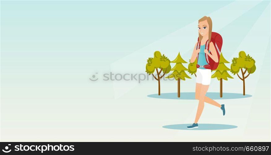 Young caucasian white backpacker with a backpack walking outdoor. Cheerful backpacker hiking in the forest during summer trip. Vector cartoon illustration. Horizontal layout.. Young caucasian white woman with a backpack hiking