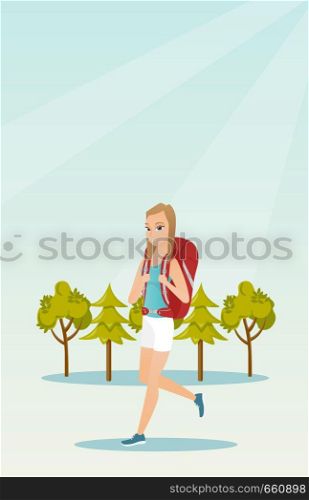 Young caucasian white backpacker with a backpack walking outdoor. Cheerful backpacker hiking in the forest during summer trip. Vector cartoon illustration. Vertical layout.. Young caucasian white woman with a backpack hiking