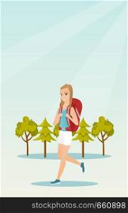 Young caucasian white backpacker with a backpack walking outdoor. Cheerful backpacker hiking in the forest during summer trip. Vector cartoon illustration. Vertical layout.. Young caucasian white woman with a backpack hiking