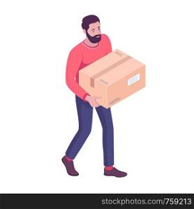Young caucasian white homeowner moving to a new house and carrying box. Delivery man walking with cardboard box. Vector cartoon isometric illustration isolated on white background. Square layout.. Young caucasian white man carrying cardboard box.