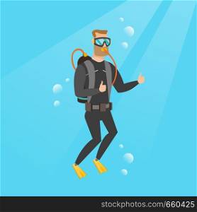 Young caucasian white man in diving suit swimming underwater with scuba and showing thumb up. Happy scuba diver giving thumb up. Man enjoying the dive. Vector cartoon illustration. Square layout.. Young caucasian scuba diver giving thumb up.