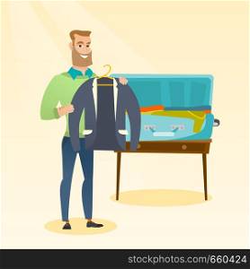 Young caucasian white man packing his clothes in an opened suitcase. Smiling man putting a jacket into a suitcase. Cheerful man preparing for vacation. Vector cartoon illustration. Square layout.. Caucasian man packing clothes in a suitcase.