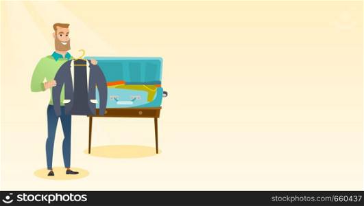 Young caucasian white man packing his clothes in an opened suitcase. Smiling man putting a jacket into a suitcase. Cheerful man preparing for vacation. Vector cartoon illustration. Horizontal layout.. Caucasian man packing clothes in a suitcase.