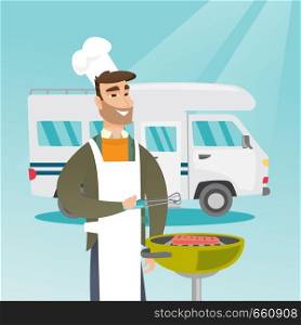 Young caucasian white man preparing meat on grill on the background of camper van. Man travelling by camper van and barbecuing meat outdoors. Vector cartoon illustration. Square layout.. Young man barbecuing meat in front of camper van.