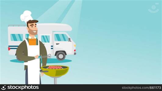Young caucasian white man preparing meat on grill on the background of camper van. Man travelling by camper van and barbecuing meat outdoors. Vector cartoon illustration. Horizontal layout.. Young man barbecuing meat in front of camper van.