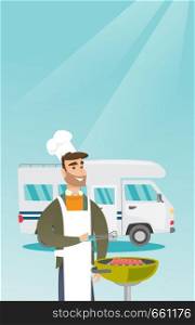Young caucasian white man preparing meat on grill on the background of camper van. Man travelling by camper van and barbecuing meat outdoors. Vector cartoon illustration. Vertical layout.. Young man barbecuing meat in front of camper van.
