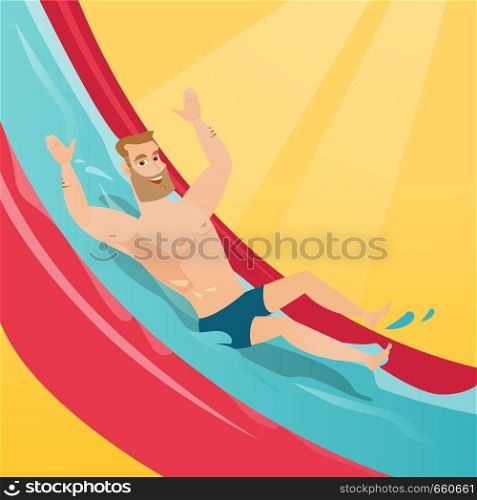 Young caucasian white man riding down a waterslide in aquapark. Happy man having fun on a water slide in waterpark. Cheerful man going down a water slide. Vector cartoon illustration. Square layout.. Young caucasian man riding down a waterslide.