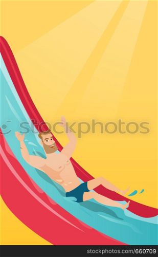 Young caucasian white man riding down a waterslide in aquapark. Happy man having fun on a water slide in waterpark. Cheerful man going down a water slide. Vector cartoon illustration. Vertical layout.. Young caucasian man riding down a waterslide.
