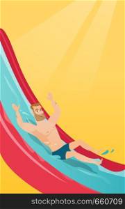 Young caucasian white man riding down a waterslide in aquapark. Happy man having fun on a water slide in waterpark. Cheerful man going down a water slide. Vector cartoon illustration. Vertical layout.. Young caucasian man riding down a waterslide.