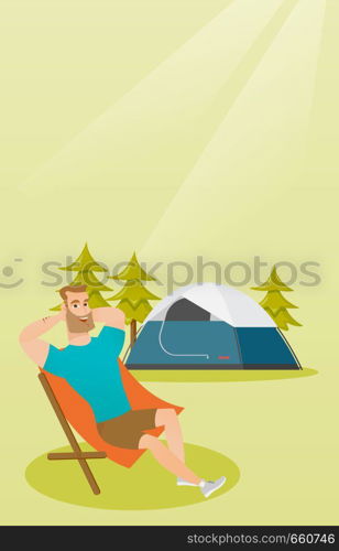 Young caucasian white man sitting in a chair on the background of camping with a tent. Satisfied man relaxing and enjoying his vacation in the camping. Vector cartoon illustration. Vertical layout.. Man sitting in a folding chair in the camping.