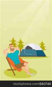 Young caucasian white man sitting in a chair on the background of camping with a tent. Satisfied man relaxing and enjoying his vacation in the camping. Vector cartoon illustration. Vertical layout.. Man sitting in a folding chair in the camping.