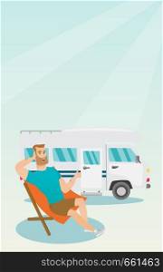 Young caucasian white man sitting in a folding chair and giving thumb up on the background of camper van. Smiling man enjoying vacation in camper van. Vector cartoon illustration. Vertical layout.. Man sitting in a chair in front of camper van.