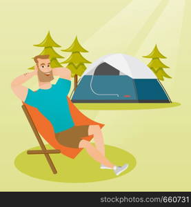 Young caucasian white man sitting in a folding chair on the background of camping with tent. Satisfied man relaxing and enjoying his vacation in the camping. Vector cartoon illustration. Square layout. Man sitting in a folding chair in the camping.